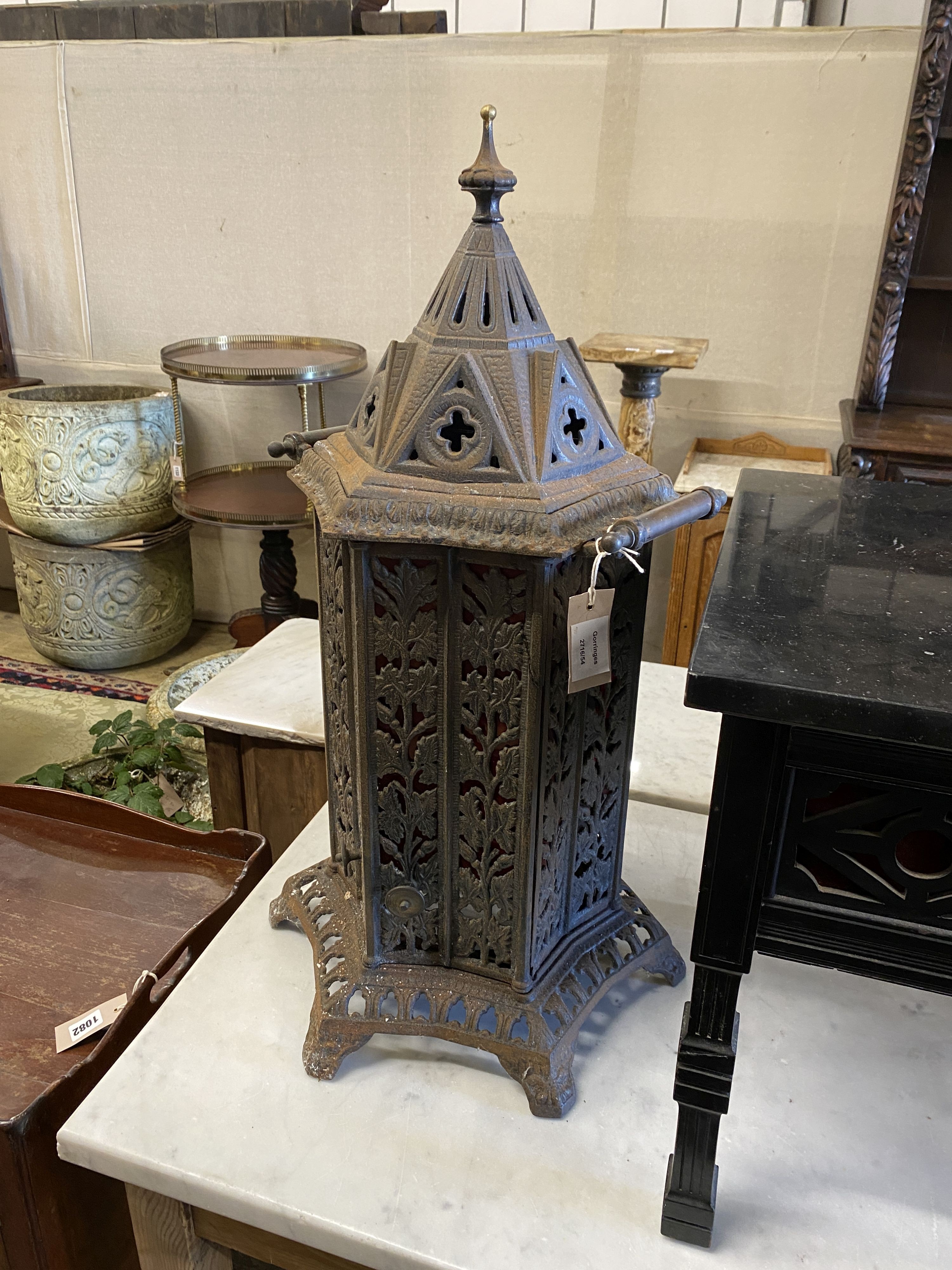 A small Puginesque cast iron conservatory heater, height 76cm